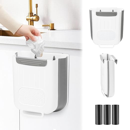 JIABEIUS Collapsible Hanging Trash Can, Compost Bin Kitchen with 60pcs of Garbage Bags, 2.6 Gallon Plastic Folding Garbage Bin for Cabinet, RV, Camping, Bedroom