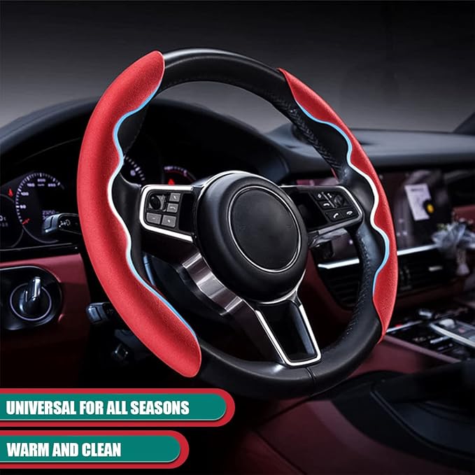 Car Steering Wheel Cover, Microfiber Suede Leather and Carbon Fiber Double Sided Design, Warm in Winter and Cool in Summer, Breathable Non Slip Segmented Protector for Most Cars (Turn Fur/Red)