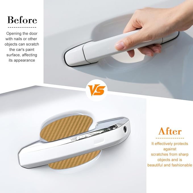 Car Door Handle Cup Scratch Protector, 4PCS 3D Carbon Fiber Vehicle Handle Bowl Sticker, Automotive Exterior Door Cup Protection Decal, Universal for SUV Caravan Automobile (Gold)