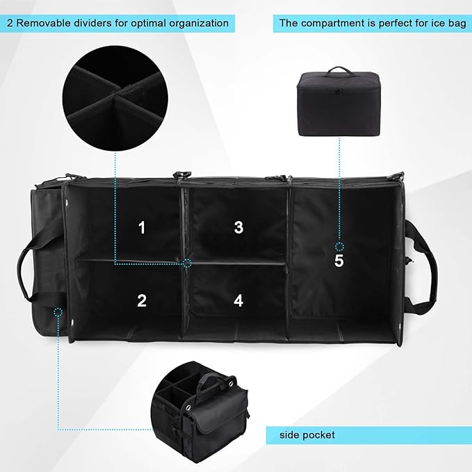 MOJIOO Large Trunk Organizer for Car, SUV, Truck with Removable Cooler Bag-Collapsible Multi Compartments w/Foldable Cover, Non Slip Bottom Cargo Storage (Black)