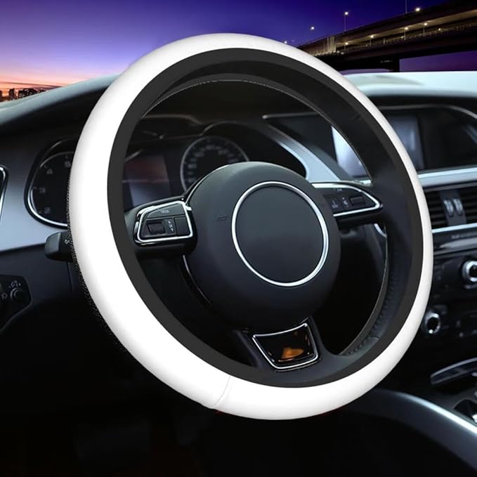 Elastic Stretch Steering Wheel Cover,Warm in Winter and Cool in Summer, Car Universal 15 inch, Microfiber Breathable Ice Silk, Anti-Slip, Odorless, Easy Carry,White