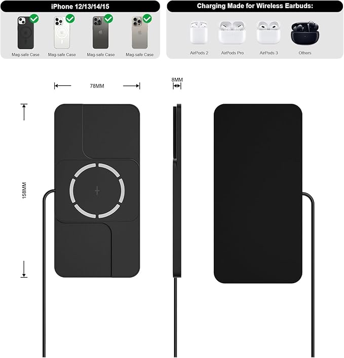 Magnetic Wireless Car Charging Pad Fast Wireless Phone Charger Mat Compatible with iPhone 16 15 14 13 12 AirPods Earbuds C11MAG
