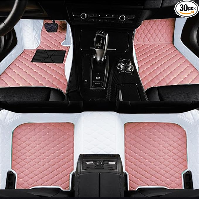 Custom Luxury Leather Car Floor Mats Upgrade Your Car's Interior All-Weather Protection for Cars, SUVs, Trucks Compatible with Automotive Mats (White+Pink)