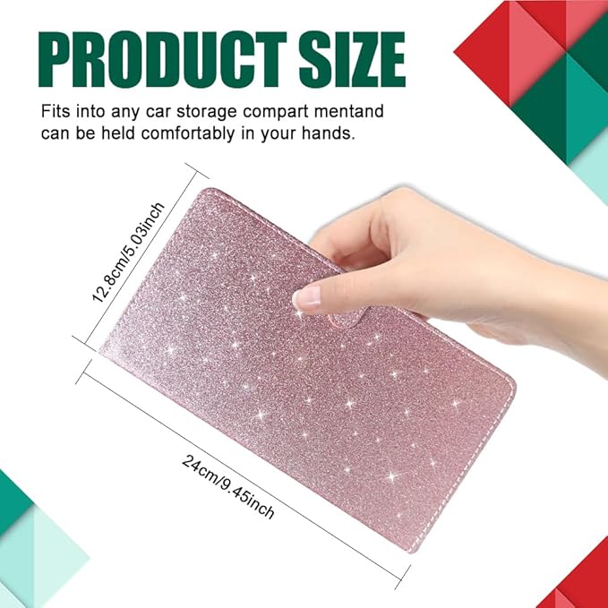 Vehicle Glove Box Car Organizer, Car Registration and Insurance Holder, Insurance Card Holder for Cars, Leather Card Holder Interior Auto Accessories for Women (Glitter-Pink)