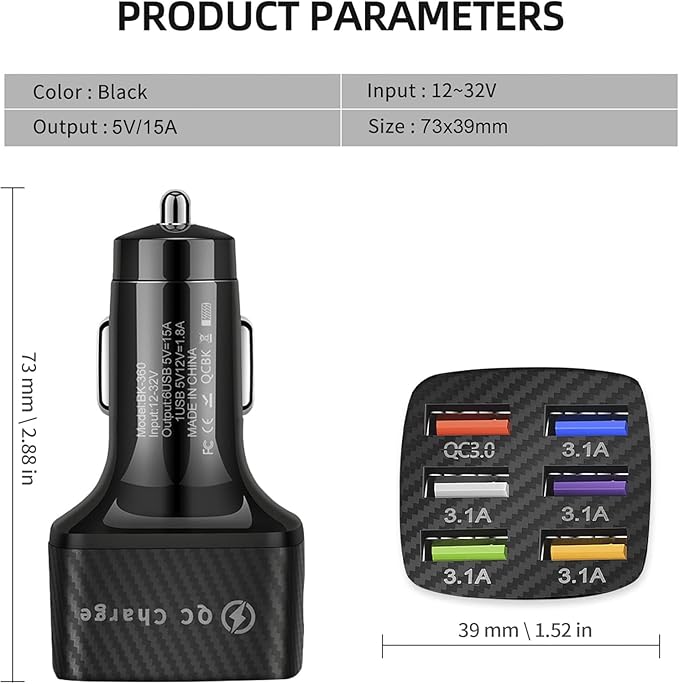 Amiss Car Charger Adapter, 6 USB Multi Port, Fast Charger, Include QC 3.0 and 5 Other Ports, Car Interior Accessories, Fit for iPhone 13/12/11/pro, Samsung Galaxy/Note S10/S9/S8 - Black（2PCS）