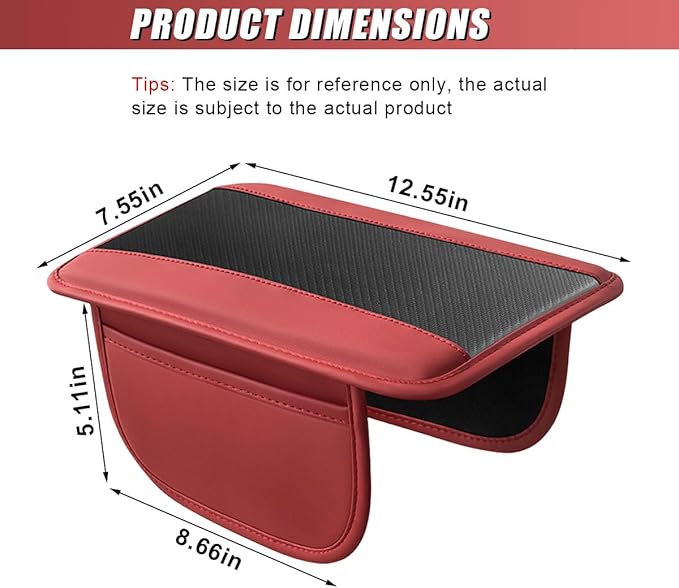 Car Center Console Cover, Carbon Fiber Leather Car Armrest Cover Protector, Auto Middle Console Support Pad with Side Storage, Universal Storage Box Cushion for Most Vehicle Interior (Red)