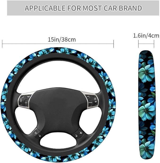 Swono Flowers Blue Car Steering Wheel Cover,Beautiful Blue Flowers On A Black Safe Driving Anti-Slip Steering Wheel Covers Steering Wheel Protection Case No Smell Universal 15 Inch