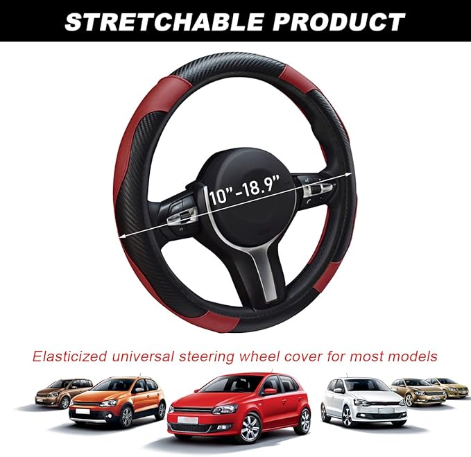 Car Steering Wheel Cover, 15 Inch Carbon Fiber Leather Stitching Color Steering Wheel Protector, Anti-Slip Elastic Breathable Steering Wheel Cover Stylish Decor for Most Cars (Wine Red)