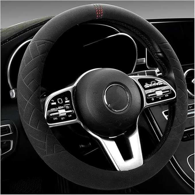 Car Suede Steering Wheel Cover, Non-Slip Protector for Auto Steering Wheel with Grid of The Correction Marker, Breathable Universal Automotive Accessories, Fitting 14.5-15 inch