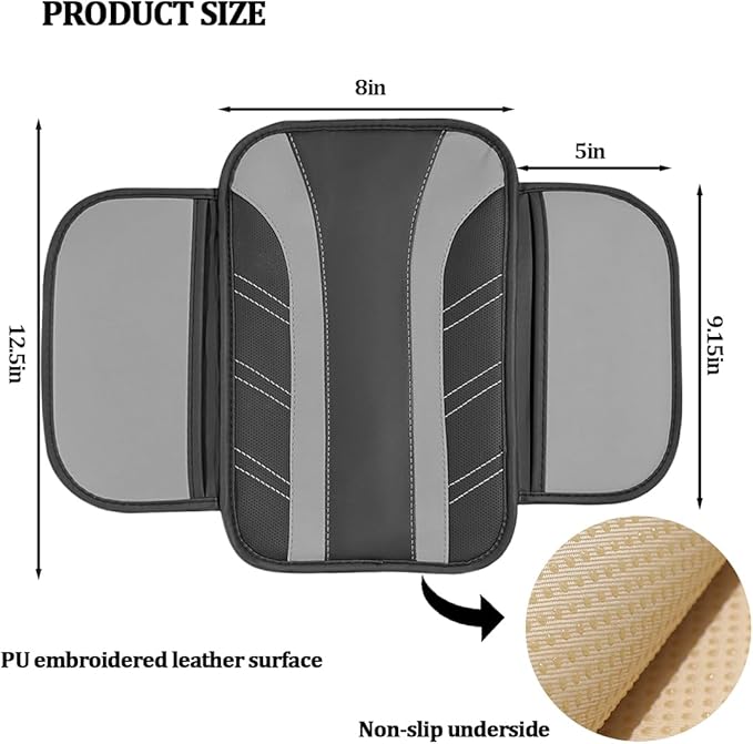 Car Center Console Cover, Soft Leather Sporty Armrest Protector Cushion with 2 Storage Pockets, Comfortable Auto Interior Middle Console Arm Rest Box Pad, Universal for Vehicles (Gray)