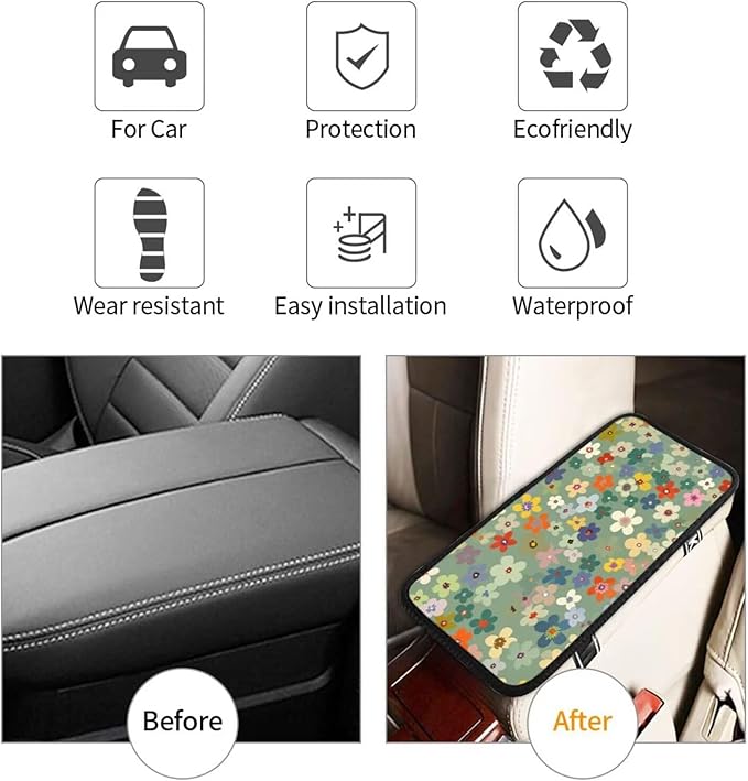 Daisy Floral Center Console Cover Wildflower Cute Comfortable Armrest Covers Protector Arm Rest Pad Car Accessories, Middle Console Cushion