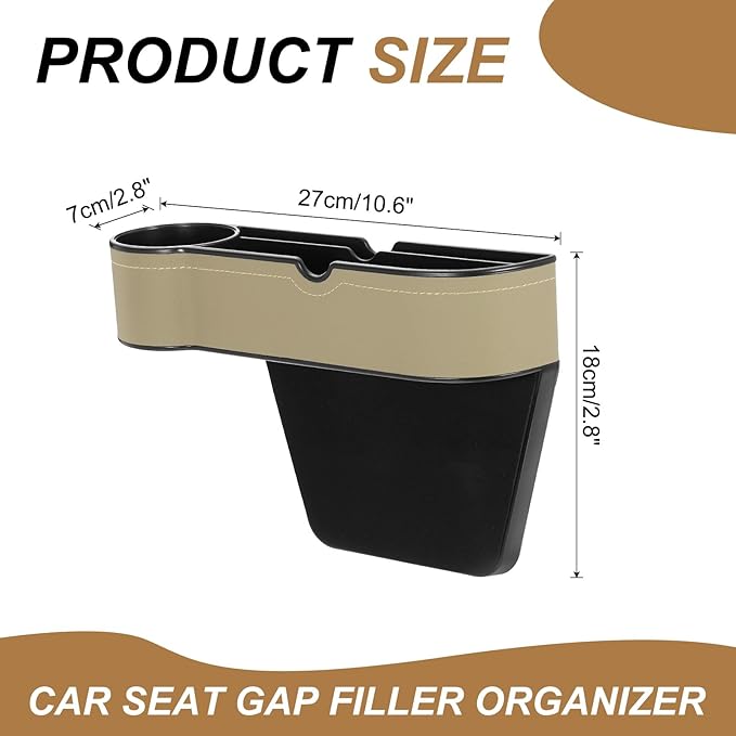 HARFINGTON 2pcs Car Seat Gap Filler Organizer 10.6 x 7.1 x 2.8 Inch ABS+Leather Universal Car Organizer Storage Box Between Seat and Console (Left+Right) with Cup Holders for Phone, Beige