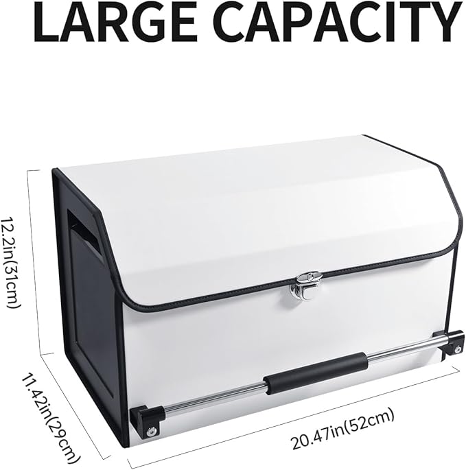XCF Car Trunk Organizer, Leather Collapsible Trunk Organizer for suv with Lid and Push-pull Handle Car Trunk Storage Organizer for Cars, SUV, Minivan, Truck, Sedan (White)