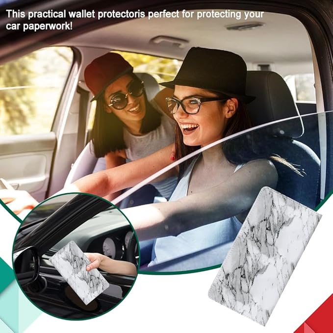 Vehicle Glove Box Car Organizer, Car Registration and Insurance Holder, Insurance Card Holder for Cars, Leather Card Holder Interior Auto Accessories for Women (Marble-White/Large)