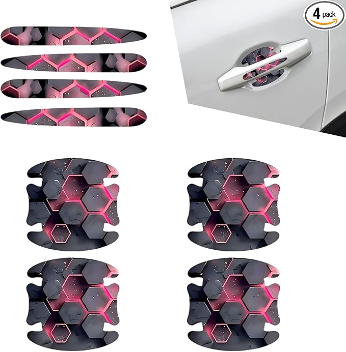 4 Pack Car Door Handle Scratch Protectors, 3D Geometry Patterned Anti-Scratch Door Handle Paint Film Cover Stickers, Universal Self-Adhesive Automotive Accessories for Most Cars (Style B)