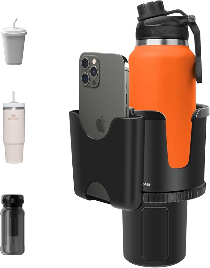 Car Cup Holder Expander with Phone Holder, 2 in 1 Big Cup Organizer with Adjustable Base, fits for Tumbler Cup 20-40oz Hydro Flask, Yeti, 3.4”-4.1” Cups