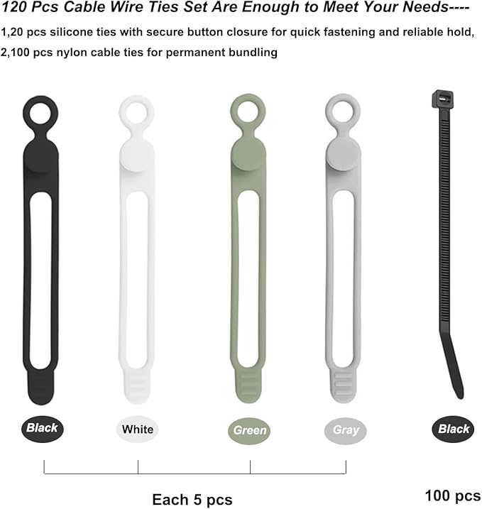 120 Pcs Cable Organizer Set, 20pcs Silicone Cable Ties Reusable & Nylon Cable Ties 100pcs, Multipurpose Elastic Cord Management Organizer for Charger, USB, Phone, Data Cables - Black White Green Grey
