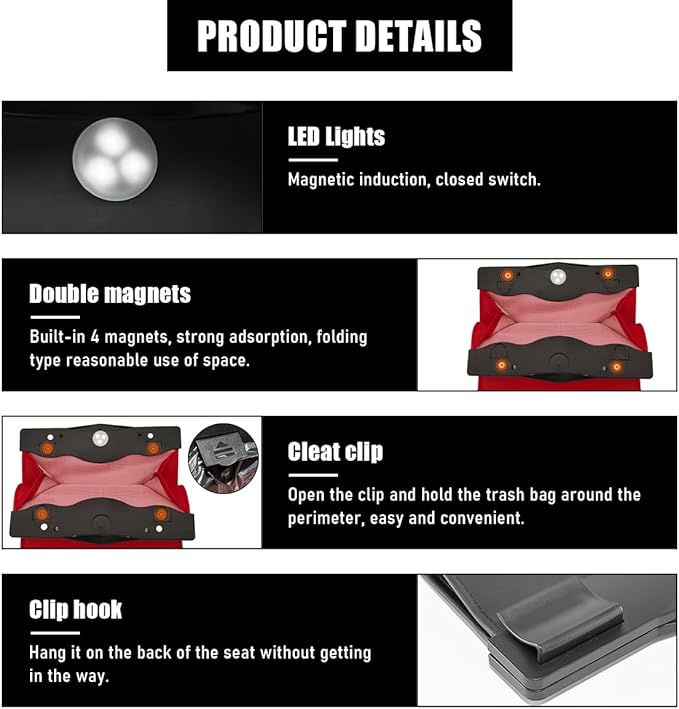 Hanging Car Trash Bag, Foldable Magnetic Garbage Can with Smart LED for Front Back Seat, Multi-Functional Waterproof Leather Rubbish Bag Storage Pocket, Car Accessories (Red)