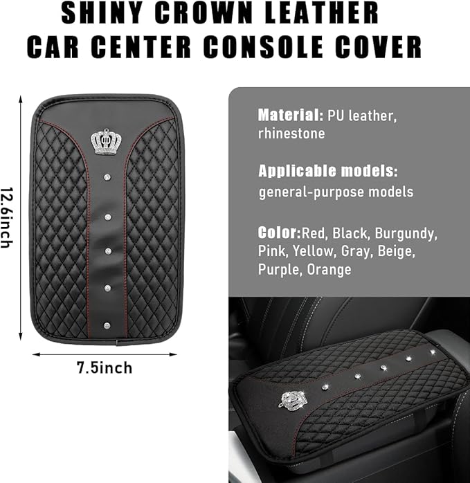 Bling Crown Car Center Console Mats, Anti-Slip and Waterproof Crystal Car Armrest Pad Protector, Universal Rustproof Armrest Decor Cushion for Cars & SUVs, Car Accessories (Black)