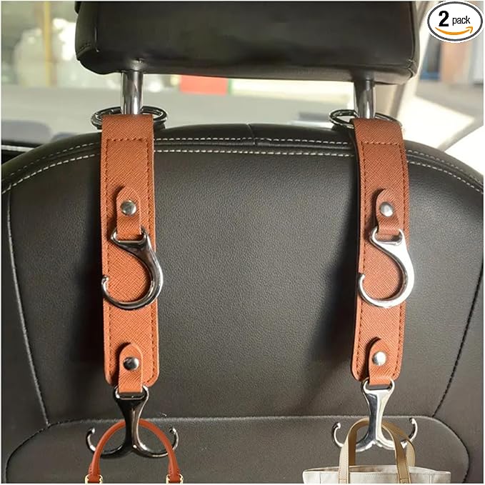 Car Seat Headrest Hook, 2PCS 3 in 1 Leather Vehicle Seat Back Hanger Holder for Grocery Purse Cloth Handbag, Automotive Backseat Storage Organizer, Universal for Truck SUV Sedan (Brown)