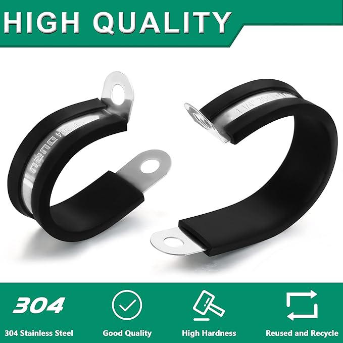 OURU 100PCS Cable Clamps 3/8 Inch 304 Stainless Steel Cable Clamps Rubber Coated Cushioned Insulated Cable Clamp,Automotive Wire Clamps,Pipe Clamps,Metal Clamp for Tube,Wire Cord Installation(10mm)