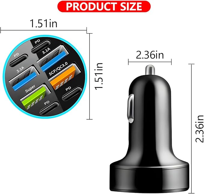 8 Ports 66W Car Charger, 12-24V Super Fast Charging with USB 3.1A PD&QC 3.0 with LED Voltmeter for Cigarette Lighter Plug, Compatible with All Smartphone, Universal Auto Accessories
