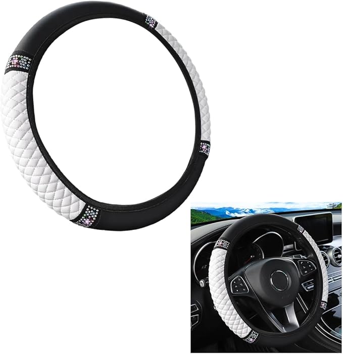 Bling Car Steering Wheel Cover, 15 Inch Crystal Rhinestone Elastic Stretch Leather Steering Wheel Protector, Vehicle Decor Accessories for Women Girls, Universal for RV, SUV, Truck (White)