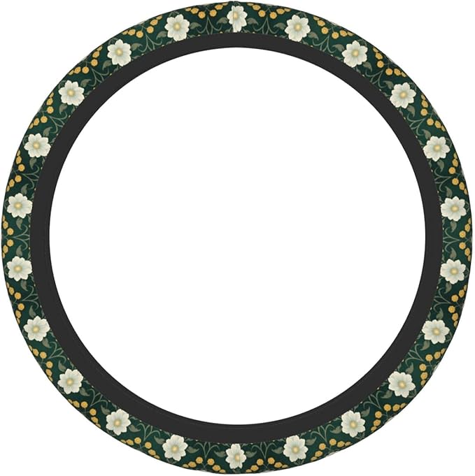 White Green Flowers Floral Neoprene Steering Wheel Covers Women Men Car Accessories, Universal 15 Inch Fit Auto, Suvs, Truck