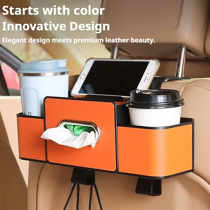Car Organizers and Storage Box Multifunctional, Car Seat Back Organizer, 4 In 1 Universal Car Storage Box With Hanging Tissue Holder, Cup Holders & Hooks for Purses to Travel Accessories (Brown)