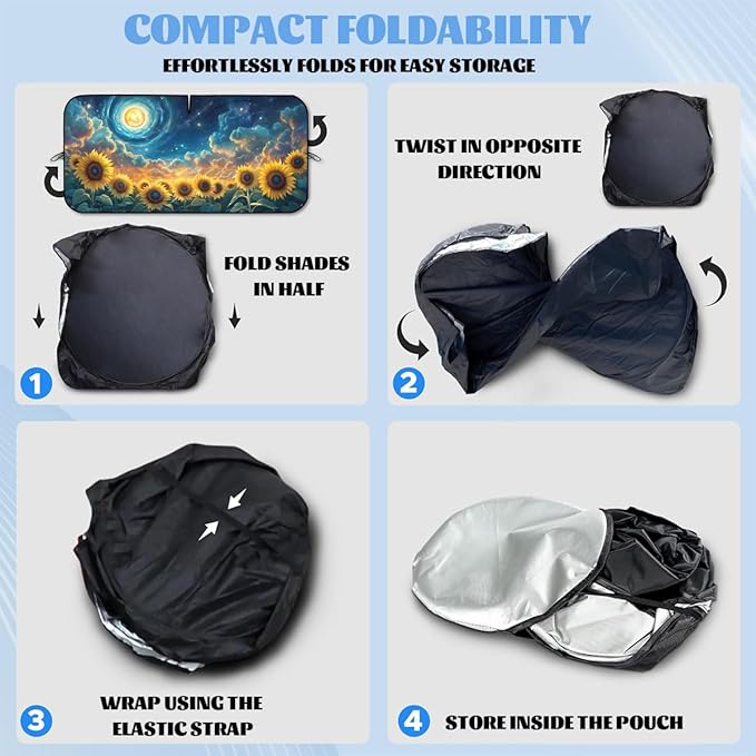 Starry Sunflower Car Window Sun Shield Dreamy Universe Blue Sky Stars Front Window Sun Shade Blocks UV Rays Sun Visor Protector for Car Sedan Truck SUV Accessories 59" L x 31.5" W