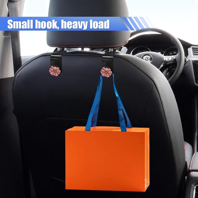 Craedli 2PCS Bling Flower Car Seat Headrest Hook, Cute Rhinestones Car Mini Hook Auto Back Seat Hanger Organizer, Portable Vehicle Interior Bag & Purse Storage Holder for SUV, Sedan, Truck (Pink)