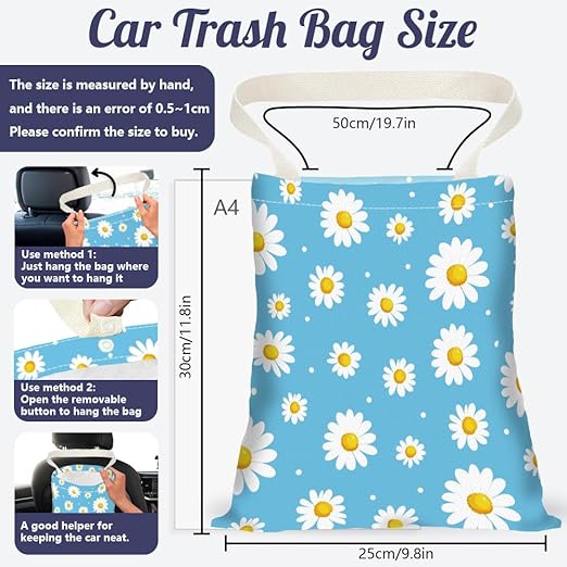 2PCS Daisy Sunflower Print Car Trash Bag Portable Waterproof Hanging Garbage Bag with Snap Buttons Back Seat Reusable Rubbish Storage Dustbin for Car Interior Accessories Kitchen Home Travel