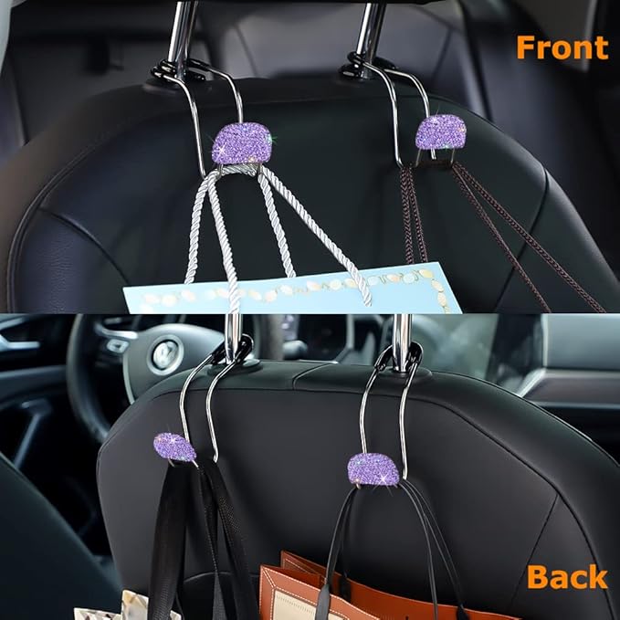 SAVORI Purse Holder for Car, Bling Car Hooks Organization Rhinestones Auto Back Seat Headrest Metal Hanger Organizer for Bags 2PCS (Purple)