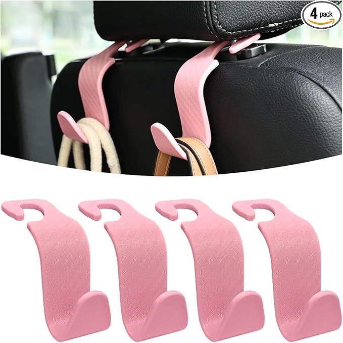 Car Seat Headrest Hook, 4 Pack Auto Seat Hanger Storage Organizer for Purse Handbag Coats Grocery Bags, Car Interior Accessories, Universal Vehicle Backseat Plastic Hanging Hook (Pink2)