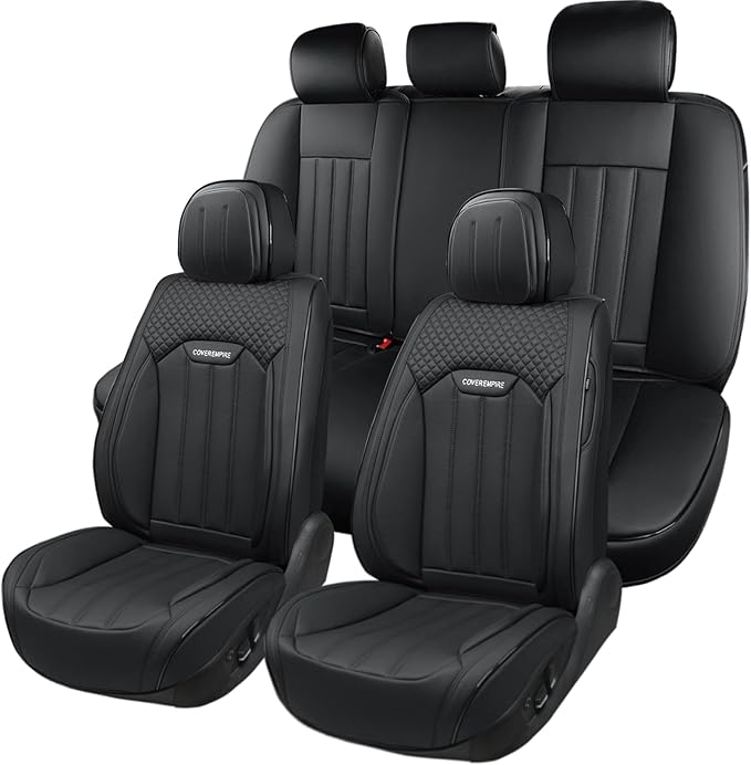COVER EMPIRE Car Seat Covers Full Set, Leather Seat Cover for Cars, 5 Seats Waterproof Automotive Seat Covers Fit Toyota Rav4 Camry Corolla Cruze CRV Accord, Black