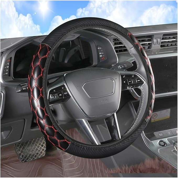 Car Steering Wheel Cover, 15 inch Elastic PU Leather Non-Slip Vehicle Steering Wheel Protector, Breathable Automotive Interior Accessories, Universal for SUV, Truck, RV (Red)