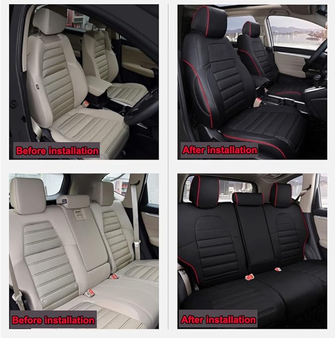 HKZ Fit CRV Car Seat Covers Full Set for Honda CR-V 2017-2022; Leather (Black with Red Trim)
