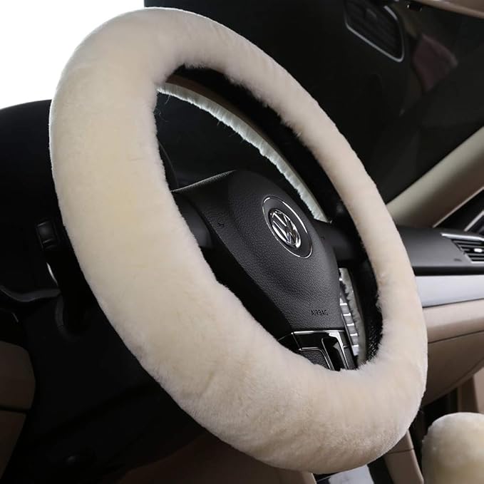 Fuzzy Sheepskin Steering Wheel Cover for Women | Warm & Fluffy Universal Auto Girly Accessories | Soft Lamb Fur for Cold Winters & Hot Summers | 14 1/2 inch-15 1/2inch Steering Wheel, Cream White