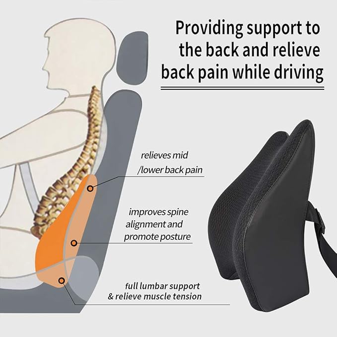 Memory Foam Lumbar Support Pillow for Car - Back Support for Car Seat (Black)
