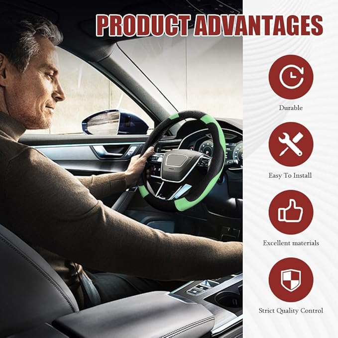 Car Steering Wheel Cover, Steering Wheel Protector, Universal 14.5-15 Inch Microfiber Leather Breathable Auto Steering Wheel Covers, Carbon Fiber Steering Wheel Cover for Women Men (Green)