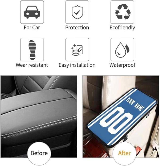 Custom Car Armrest Cover,Add Personalized Name and Number As Gifts for Loyal Football Fans,American Football Auto Center Console Pad Car handrail Box Cushion,Fit for Most Car Seat Box Cover Protector