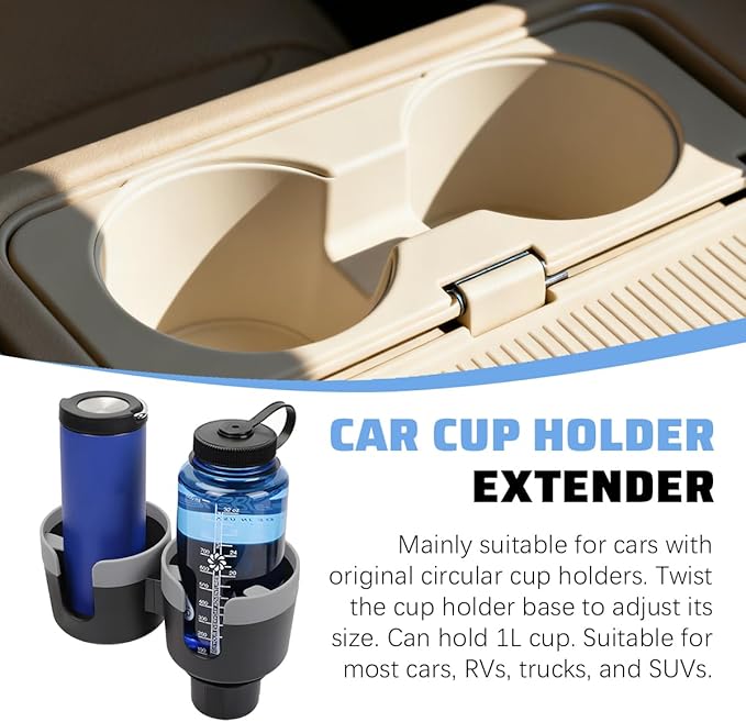 Car Double Cup Holder Expander, 2 in 1 Multifunctional Vehicle Cup Holder Adapter with Adjustable Base, Auto Drink Bottles Extender Organizer, Universal for SUV Automobile Truck (Gray)