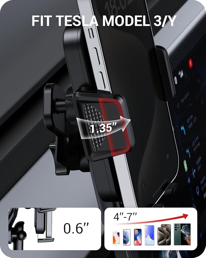 BASENOR Tesla Phone Mount for 2020-2024 Model Y & 2017-2023 Model 3 Screen-Safe Holder with Strong Adhesion, 360° Rotatable Cell Phone Stand, Must-Have Interior Accessories for All Phones