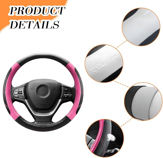 Car Steering Wheel Cover, 14.5-15" Non-Slip Leather Sporty Vehicle Steering Wheel Protector, Breathable Auto Interior Decoration Accessories, Universal for Van Truck Sedan (Pink)