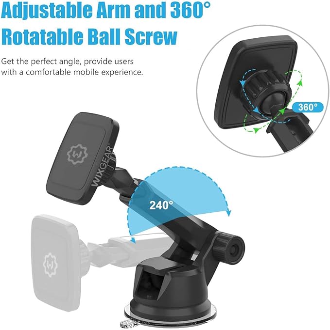 WixGear Universal Magnetic Car Mount Holder, Windshield Mount and Dashboard Mount Holder for Cell Phones and Tablets with Long Arm – (New Version Telescopic Arm)
