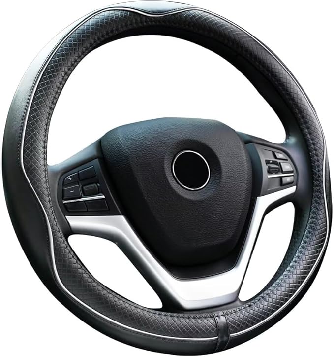 Rueesh Microfiber Leather Steering Wheel Cover Anti-Slip Matte Finish Auto Car Wheel Cover Universal 15 Inch Wheel Cover for Car Embossing Pattern (M (14.5"-15" Diameter), White Line)