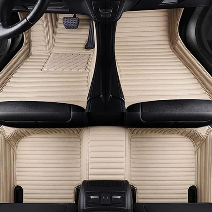 Custom Making Car Floor Mats Protection Pads for 99% Sedan/Coupe/Hatchback/SUV/Pickup Men Women Car Floor Mats Coverage Pads Anti-Slip Leather Floor Lining (Beige Stripe)