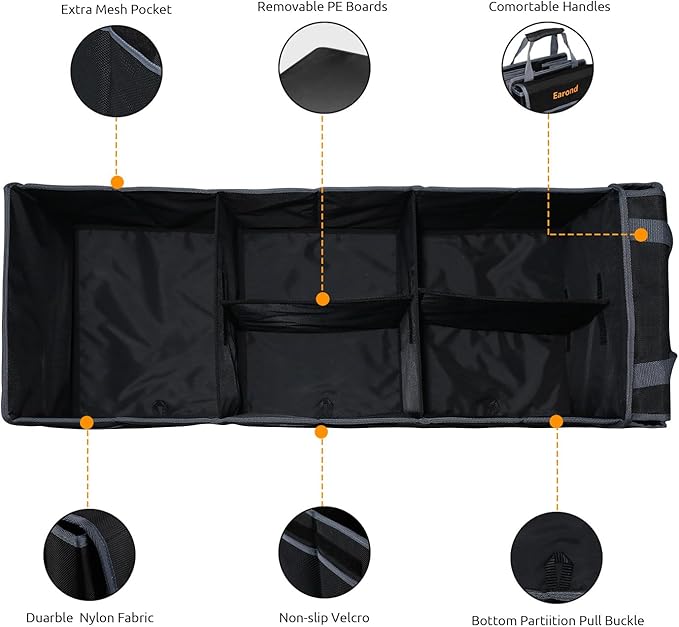 EAROND Car Trunk Organizer with Lid,Collapsible Car Storage Organizer with Multi Compartments and Securing Straps for SUV,Sedan,Jeep-Black & Grey