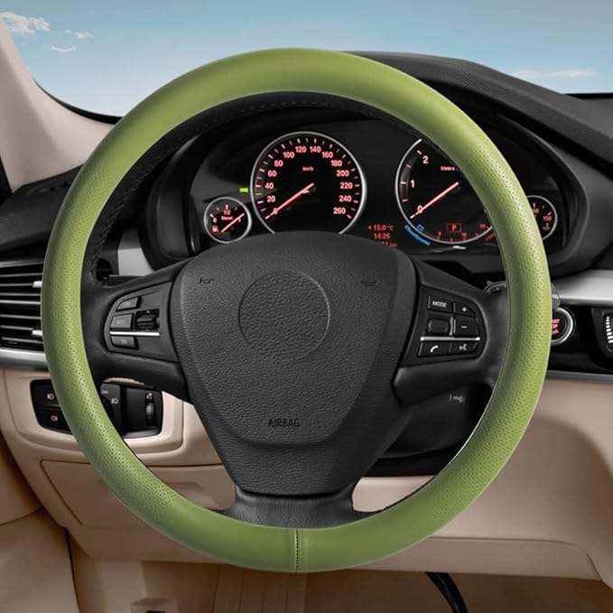 VARGTR Car Steering Wheel Cover,Universal 15 Inch Premium Leather Car Steering Wheel Cover,Best Grip,Perforated Design,Breathable,Non-Slip,Sweat-Absorbent,Warm in Winter and Cool in Summer (Green)