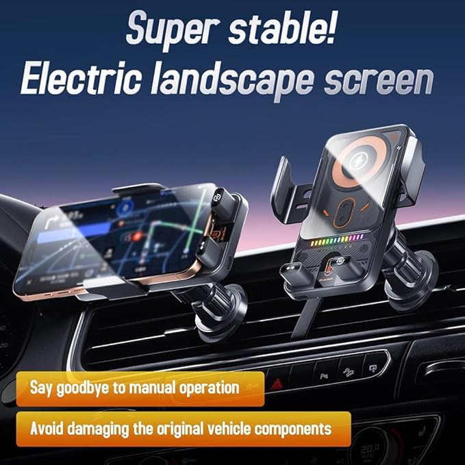 2026 New Cool Car Wireless Fast Charging Phone Holder, High Intelligent 2 in 1 Wireless Charging Rotating Car Mount, Auto-Clamping Dashboard Cars Bracket with Charger Station for All Smart Phone (B+)